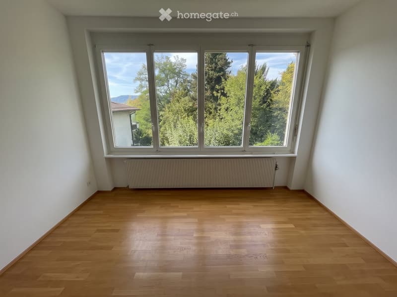 Empty room with wooden flooring, white walls, large window with view of trees and mountains, radiator below the window.