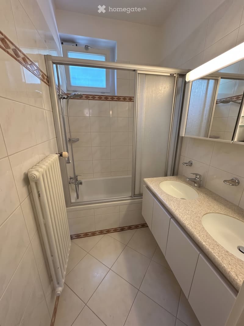 Modern bathroom with tiled walls and floor, featuring a double sink vanity, a shower with glass enclosure, a radiator, and a large mirror above the sink.