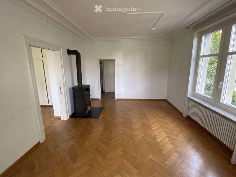 Empty room with wooden herringbone flooring, white walls, large windows, and a fireplace with a chimney pipe.