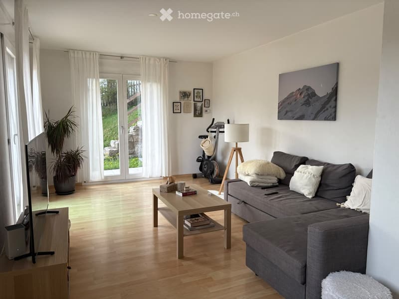 Modern living room with wooden flooring, large windows, grey sectional sofa, coffee table, floor lamp, exercise bike, potted plant, and artwork on the wall.
