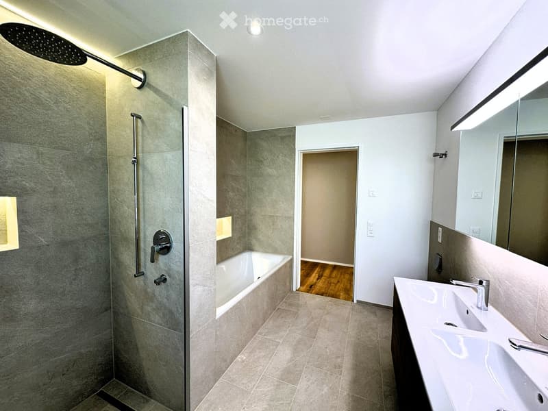 Modern bathroom with a large shower area, bathtub, double sink, and large mirror. Features include a sleek showerhead, modern fixtures, and neutral tones.