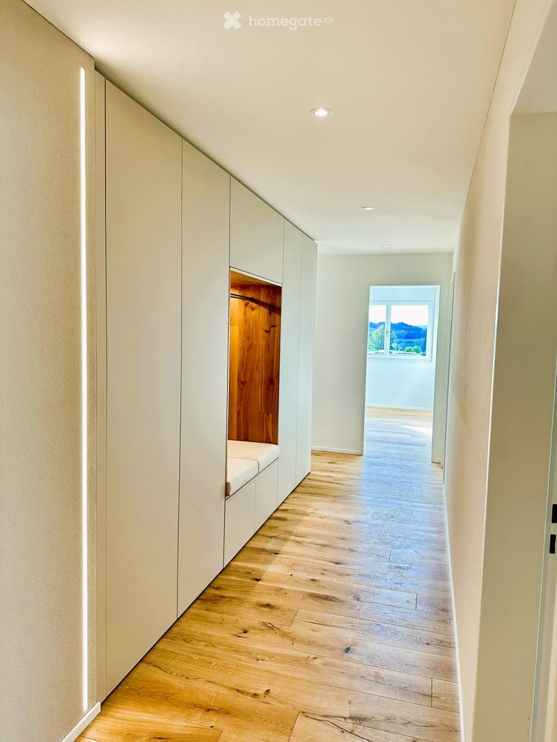 Modern hallway with wooden flooring, white walls, built-in storage units, and a window at the end offering a scenic view.