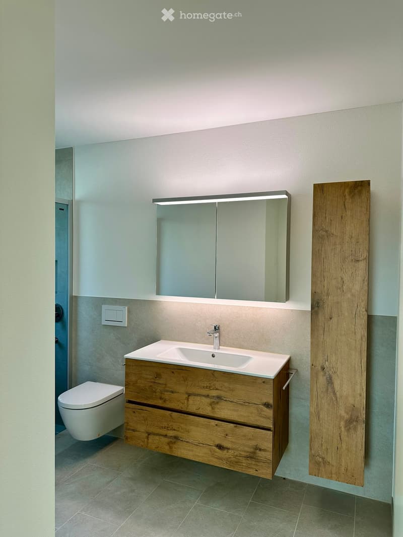 Modern bathroom with a wooden vanity, white sink, chrome faucet, large mirror with built-in lighting, and a toilet.