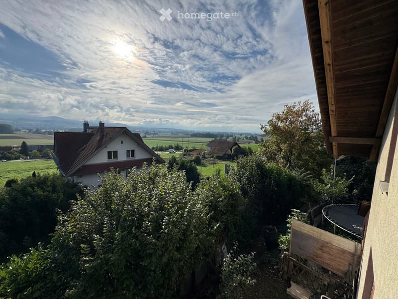 Balcony view overlooking a lush garden with dense shrubs and a wooden chair, with a distant house and open fields under a partly cloudy sky.