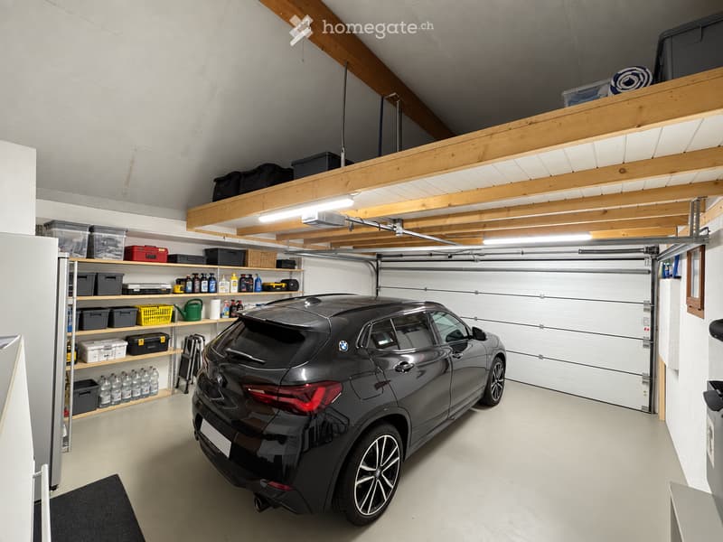 Clean, organized garage with a parked car, shelves filled with storage bins and cleaning supplies, and a large overhead garage door.