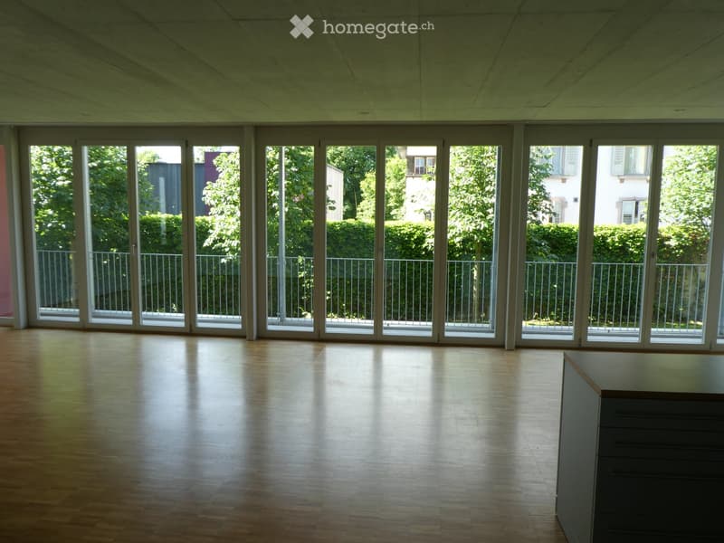 Large room with floor-to-ceiling windows overlooking a balcony and lush greenery outside. The room has a hardwood floor and a green ceiling.