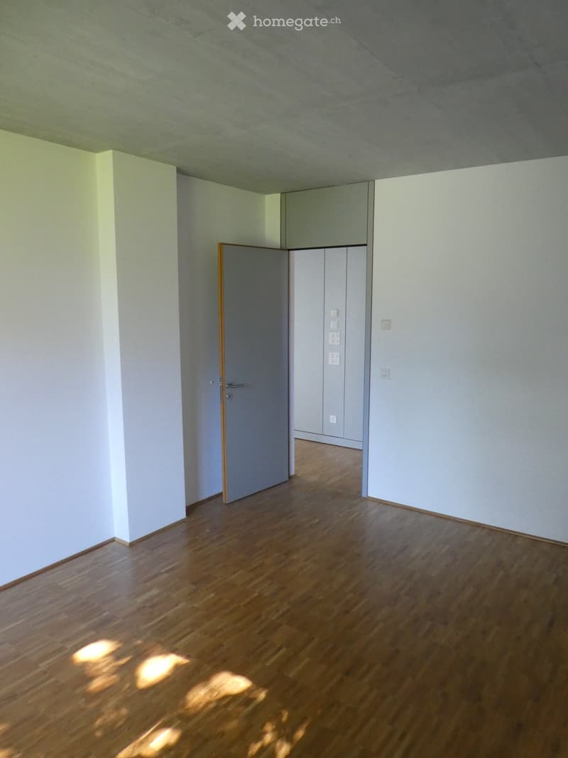 Empty room with white walls, hardwood flooring, and a gray door. The room appears to be a bedroom or living space with minimal furnishings.