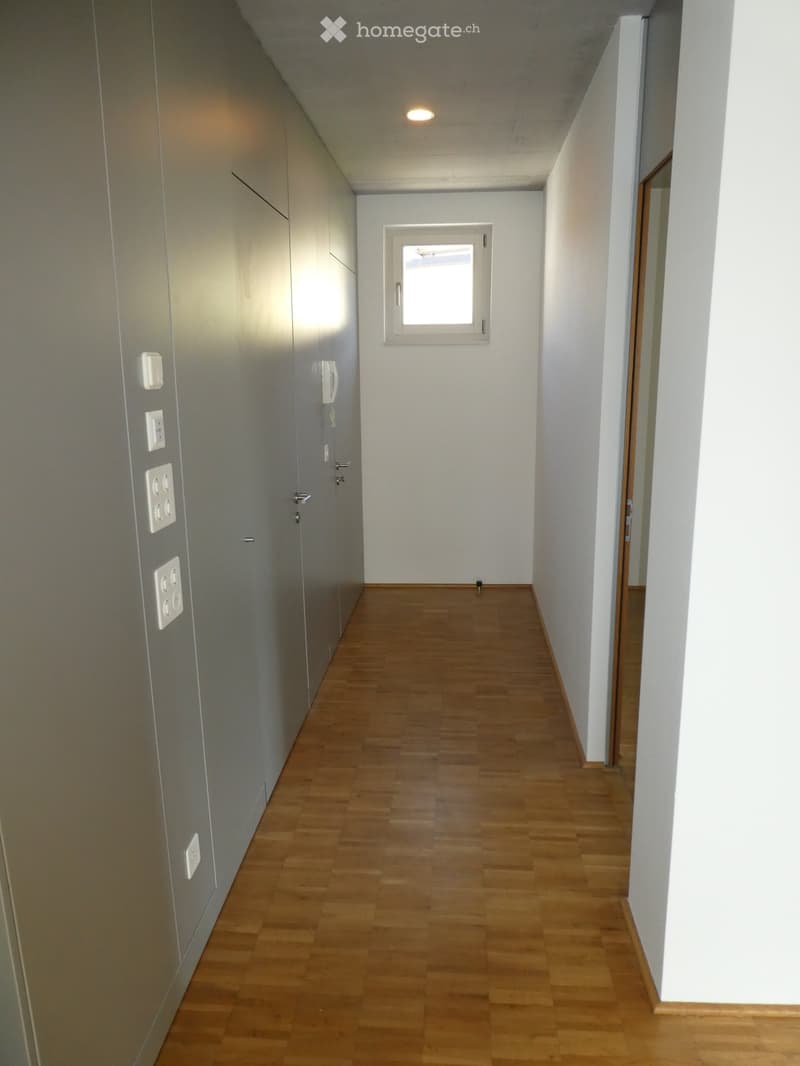 The image shows a hallway with white walls, a wooden floor, and built-in cabinets or closets along one side. There is a small window at the end of the hallway, providing natural light. The hallway appears to be part of a residential or apartment space.