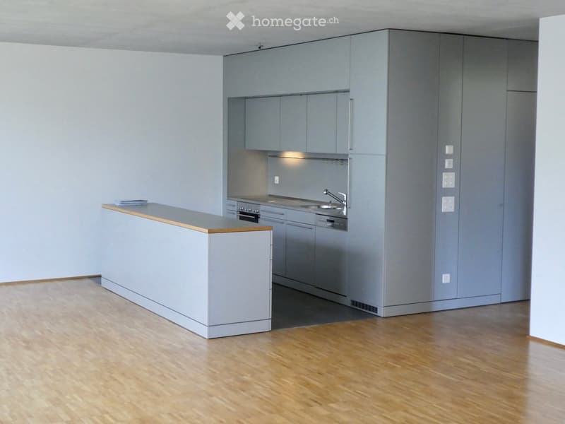Open-concept living space with hardwood floors, gray walls, built-in kitchen with stainless steel appliances including a dishwasher, and a counter-height bar area