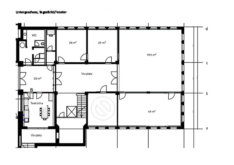 Ground floor floor plan showing a WC, two bedrooms (26 m² and 25 m²), a living area (101 m²), a kitchen (25 m²), a hallway, and a staircase leading to the upper floor.