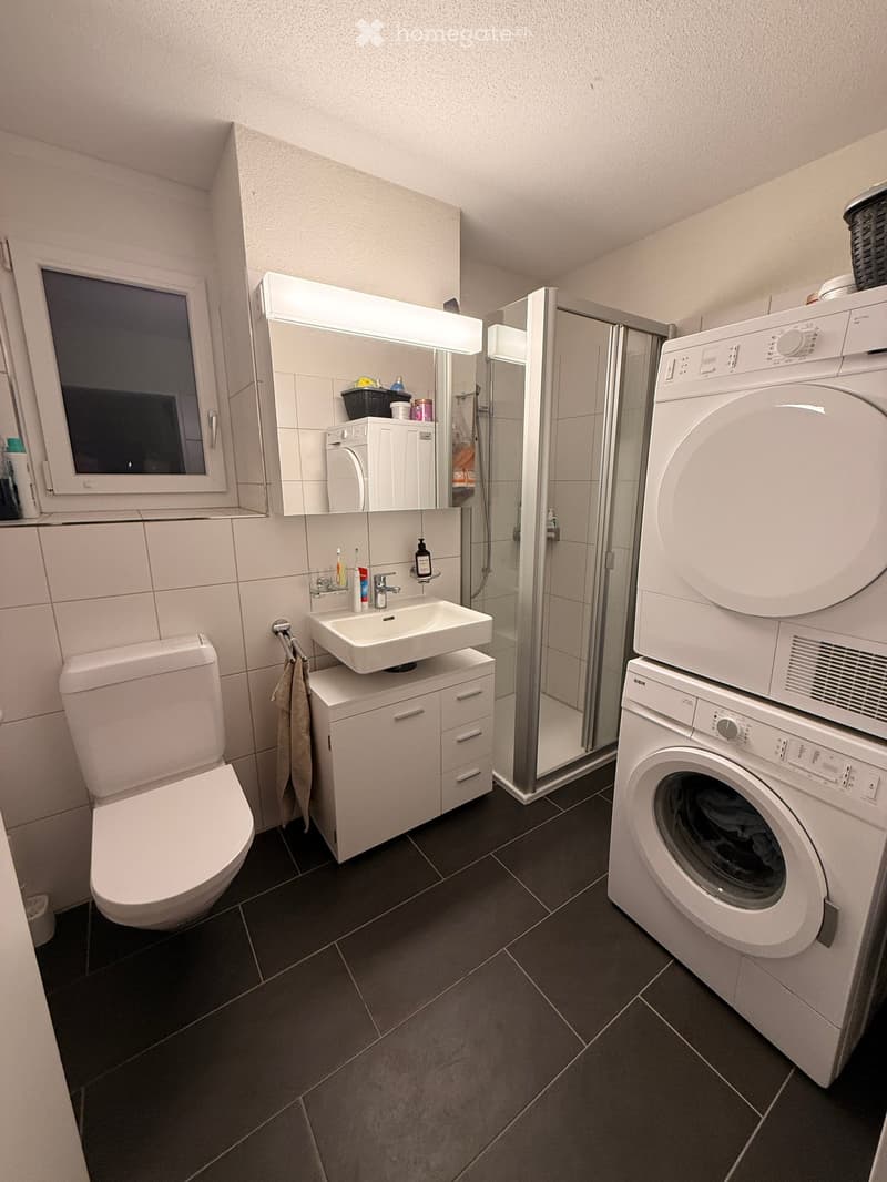Modern bathroom with a toilet, sink, mirror, shower, and a stacked washing machine and dryer unit. The space features dark tiled flooring and white cabinetry.