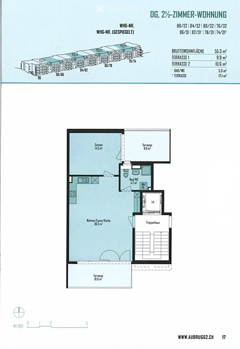 Floor plan of a 2.5-room apartment on the top floor, including living/dining/kitchen area, bedroom, bathroom/WC, and two terraces.