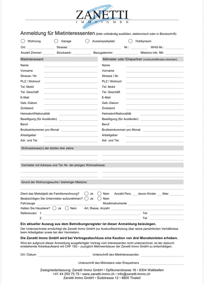 Rental application form for tenant interest, includes fields for personal information, rental details, and contact information.