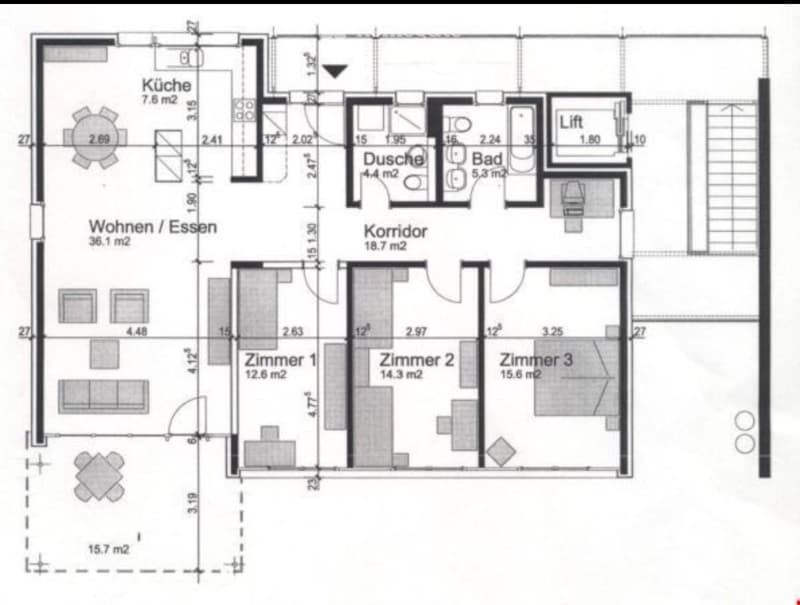 Floor plan of a 3-bedroom apartment with kitchen, living/dining area, bathroom, shower, hallway, and elevator.