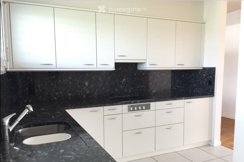 Modern kitchen with white cabinets, black granite countertops, and a stainless steel sink.
