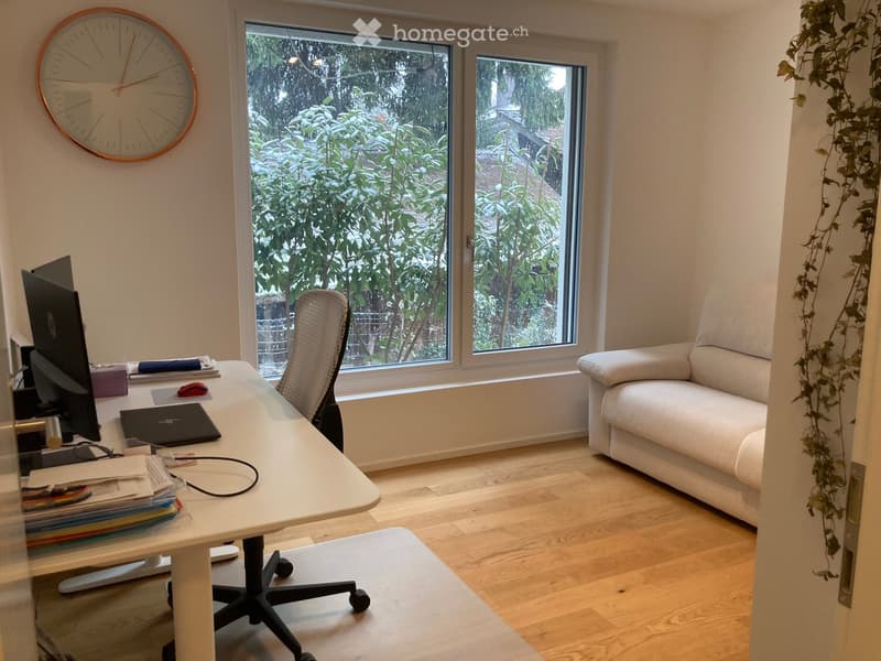 A modern, well-lit room with a white desk, laptop, computer monitor, and a comfortable sofa. The room features large windows with a view of greenery outside, a hanging plant, and a stylish wall clock.