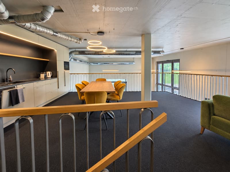 Modern, open-plan space with a kitchen area, dining table with chairs, and a green sofa. The kitchen features white cabinets, a sink, and a microwave. The floor is carpeted, and the ceiling has exposed pipes and modern lighting.