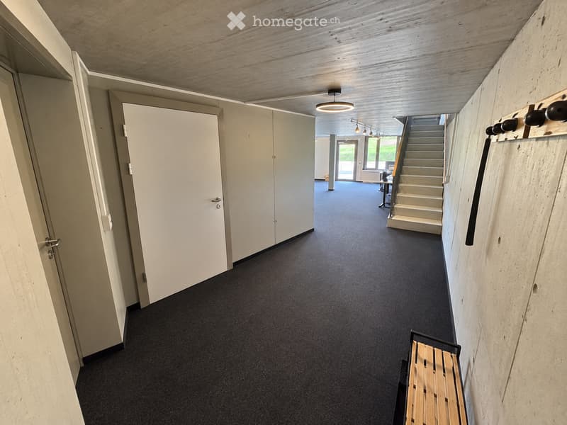 Modern hallway with carpeted floor, white walls, and a staircase leading upwards. Features built-in storage units and a coat rack on the right side.
