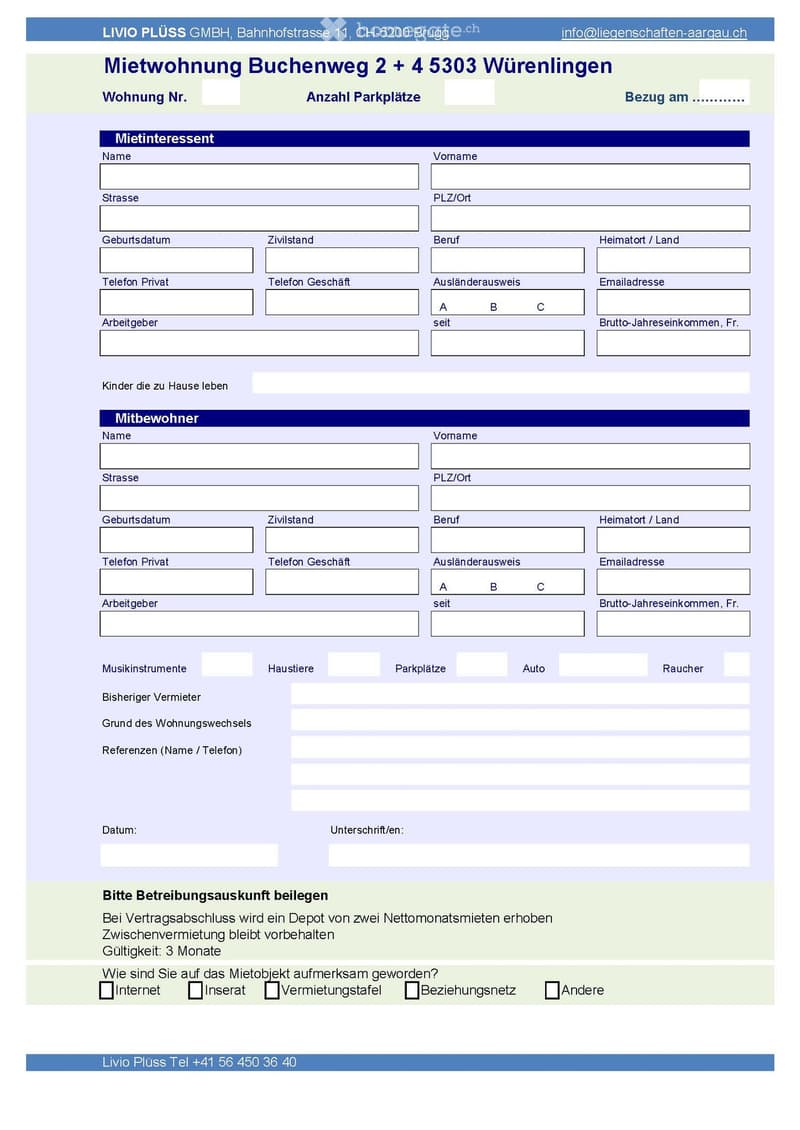 Rental property form for Mietwohnung Buchenweg 2 + 4, 5303 Würenlingen, with sections for personal information, partner details, children living at the property, pets, and references.