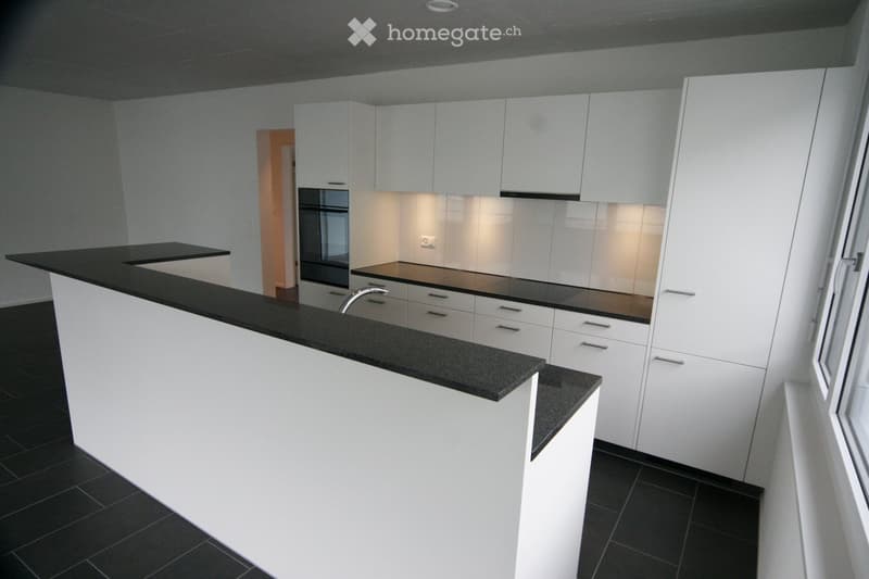 Modern kitchen, white cabinets, black countertops, stainless steel sink, black tiles