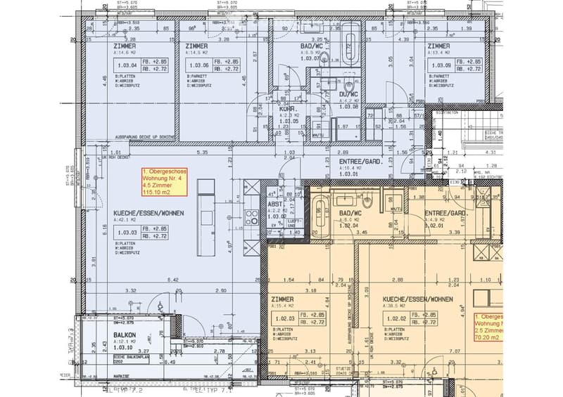 Floor plan of a residential unit showing multiple rooms including kitchen, living area, bedrooms, bathrooms, and a balcony.