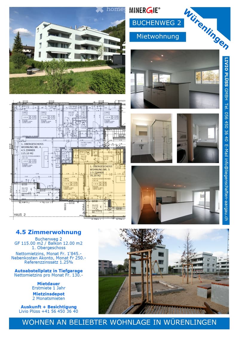 Floor plan of a 4.5-room apartment with kitchen, living room, bedrooms, bathrooms, and balcony. Includes exterior view of the building and playground area.
