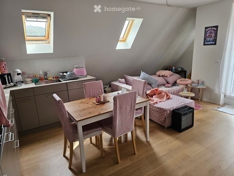 A cozy, multi-functional room with a bed, sofa, dining table, and kitchen area. Features include wooden flooring, large windows, and modern appliances.