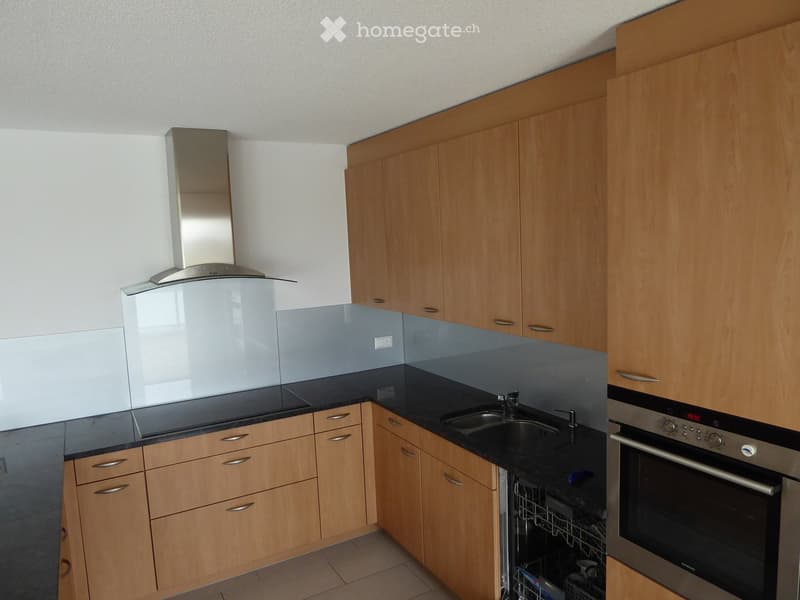 Modern kitchen with light wooden cabinets, black countertops, stainless steel appliances including a range hood, oven, and dishwasher, and a sink with a faucet.