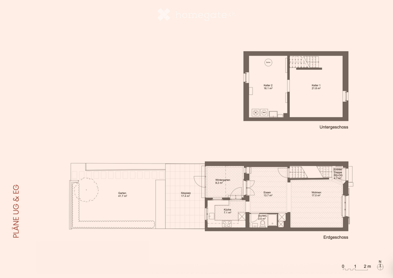 Floor plan of a two-story house with a basement, ground floor, and upper floor. The ground floor includes a living area, dining area, kitchen, winter garden, and entrance. The upper floor includes a bedroom, bathroom, and additional spaces. The basement i