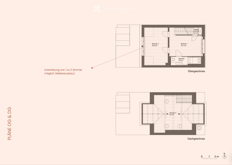 Floor plan showing two levels: upper level with two bedrooms, a bathroom, and a staircase, and lower level with one bedroom and additional space.