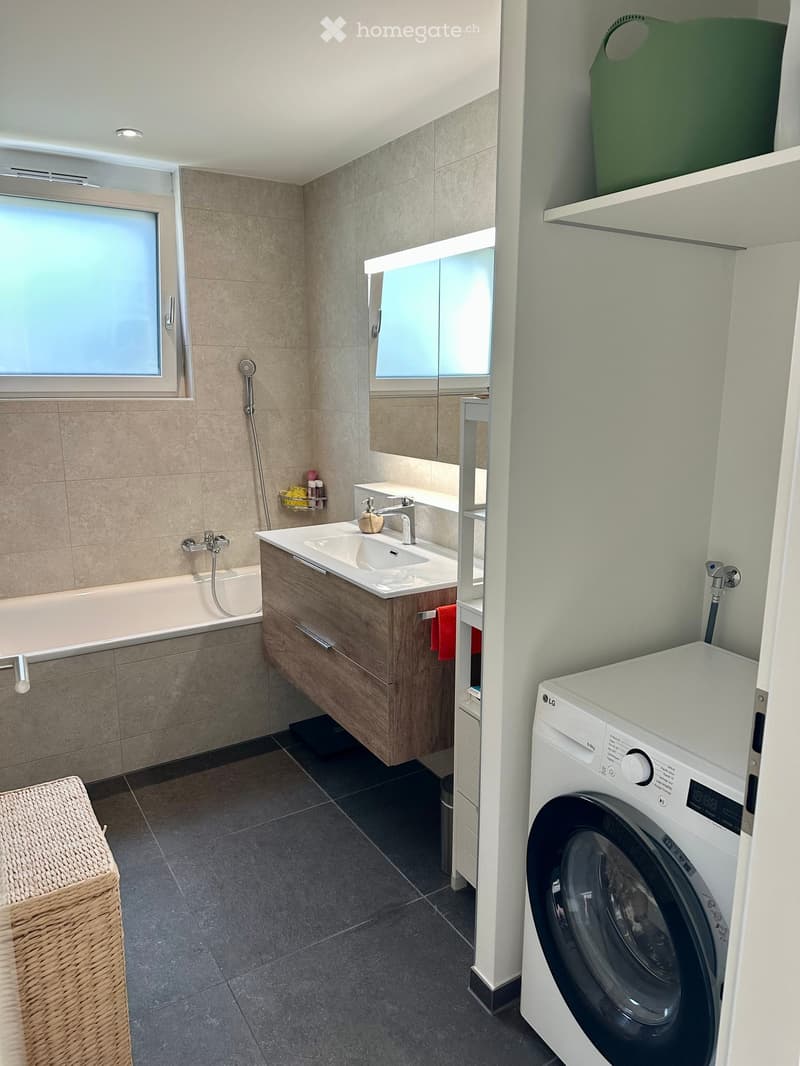 Modern bathroom with a bathtub, sink, mirror, and a private washing machine. Features include a wicker basket, towels, and a sleek design with wooden cabinetry.