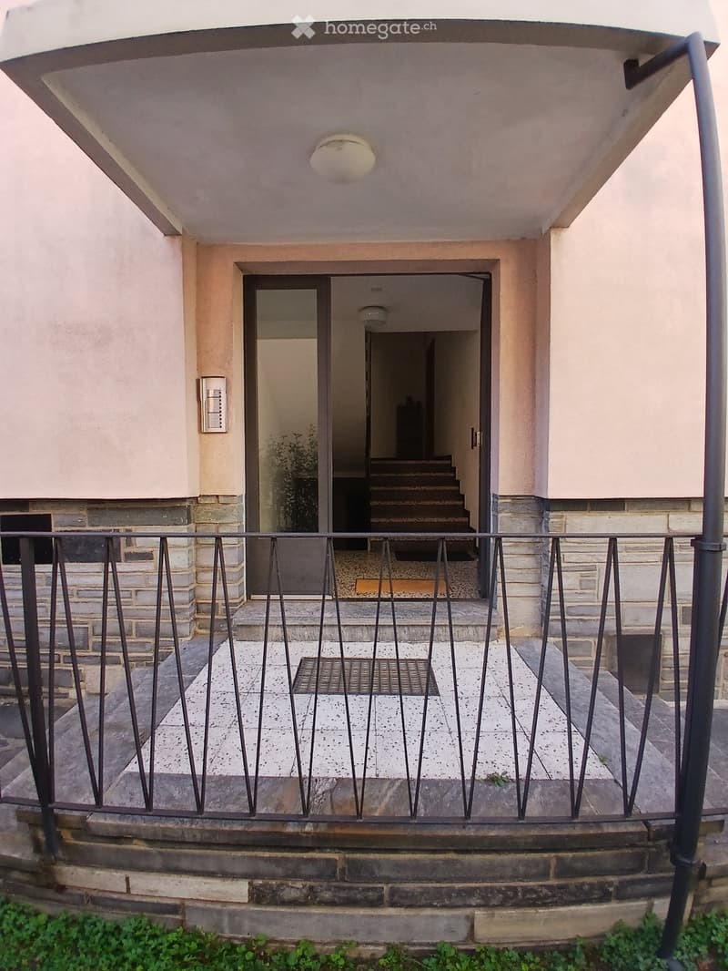 Balcony with metal railing, stone steps leading up to a glass door entrance, small plant visible inside the house.