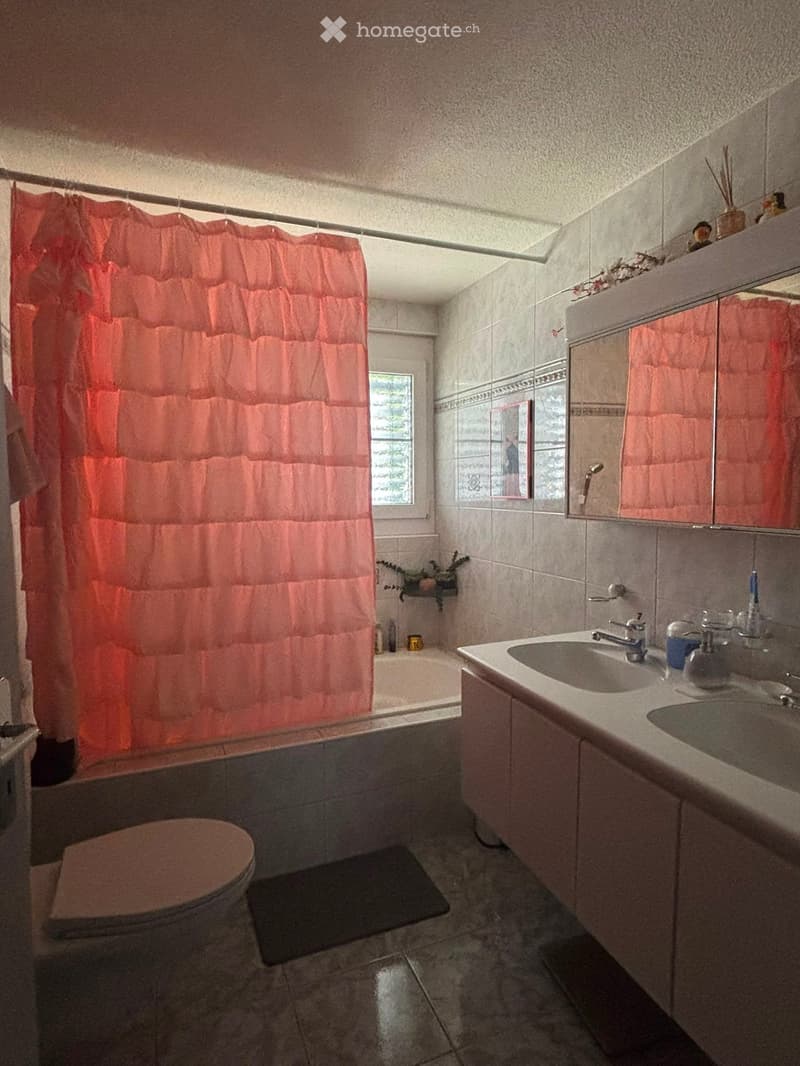 Bathroom with a toilet, sink, mirror, bathtub, and shower curtain. Includes a small plant on the windowsill and a cabinet with a soap dispenser and toothbrush holder.