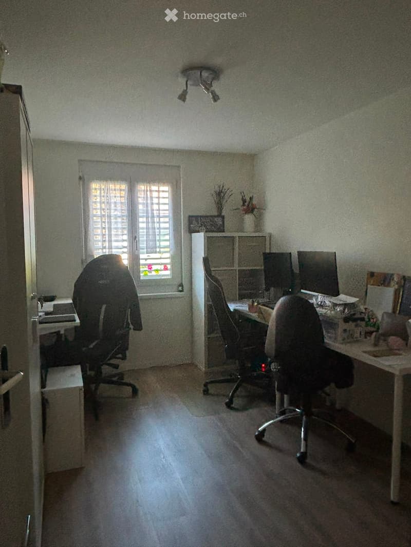 Office space with two desks, three chairs, two computer screens, and a shelf with decorative items.