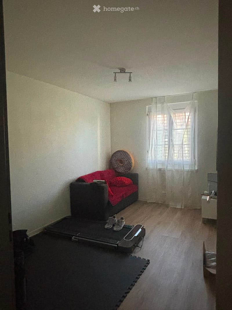 A small, furnished room with a sofa, a laptop on a table, and a pair of shoes on the floor.