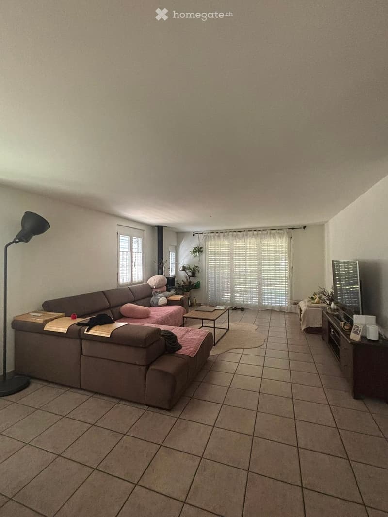 Living room with a brown sectional sofa, pink cushions, coffee table, floor lamp, TV stand, and a small table with a chair.