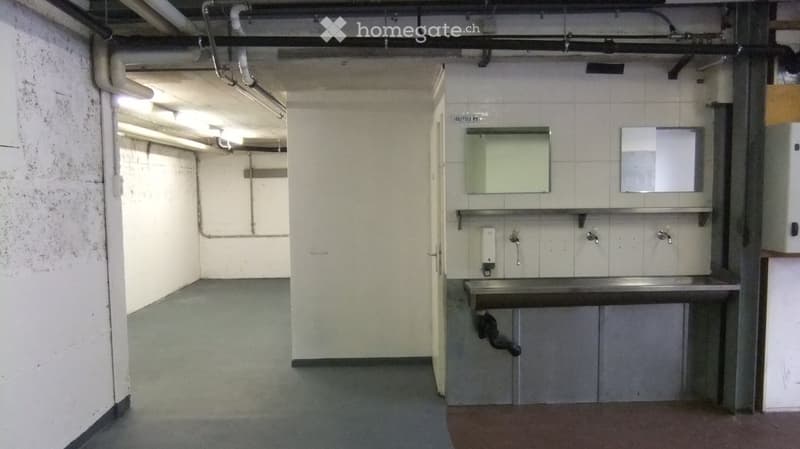 Public restroom with stainless steel sink, multiple faucets, mirrors, and hand dryer. Exposed pipes and industrial lighting.