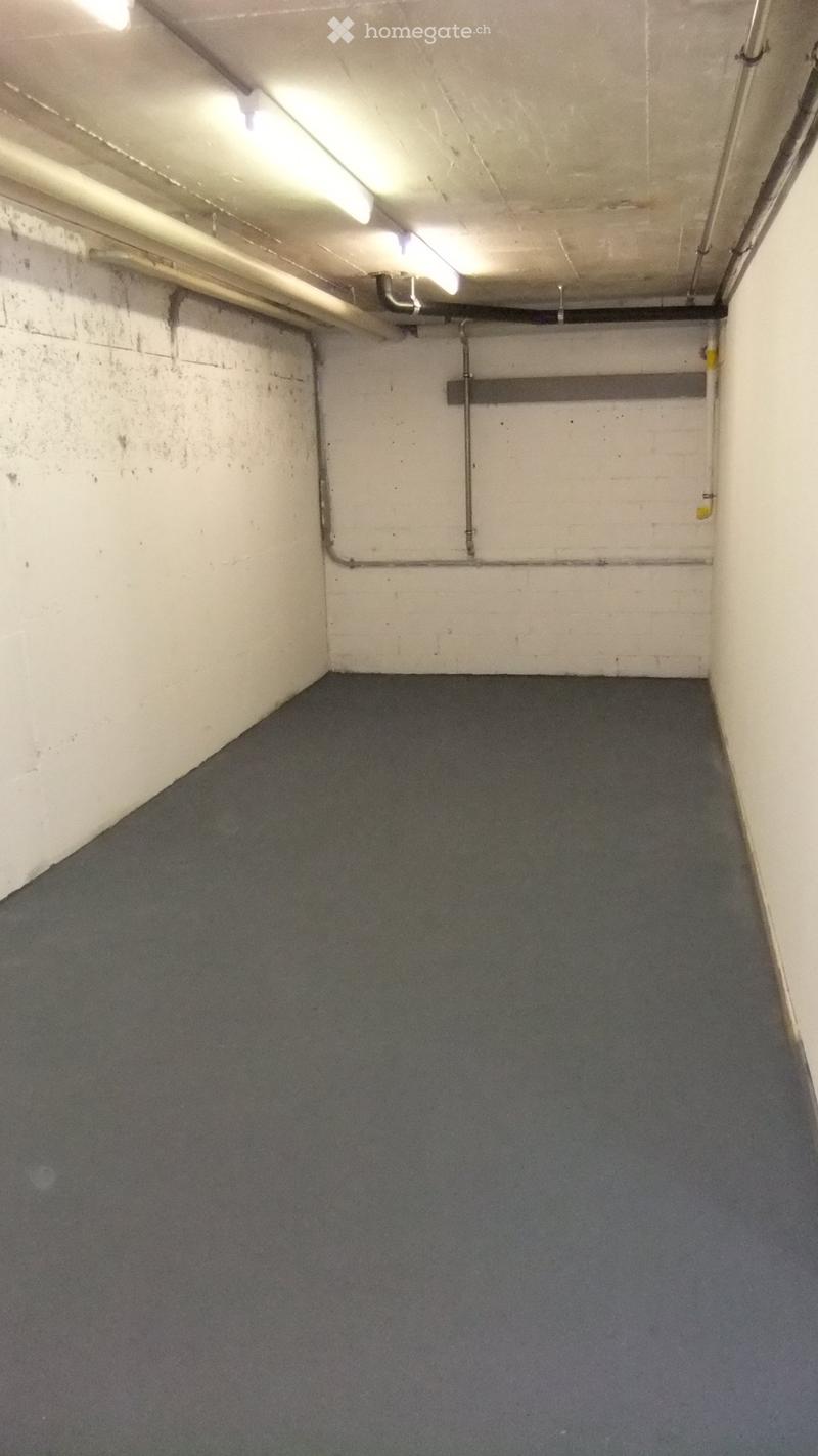 Empty room with blue carpeted floor, white brick walls, exposed pipes, and fluorescent lighting.