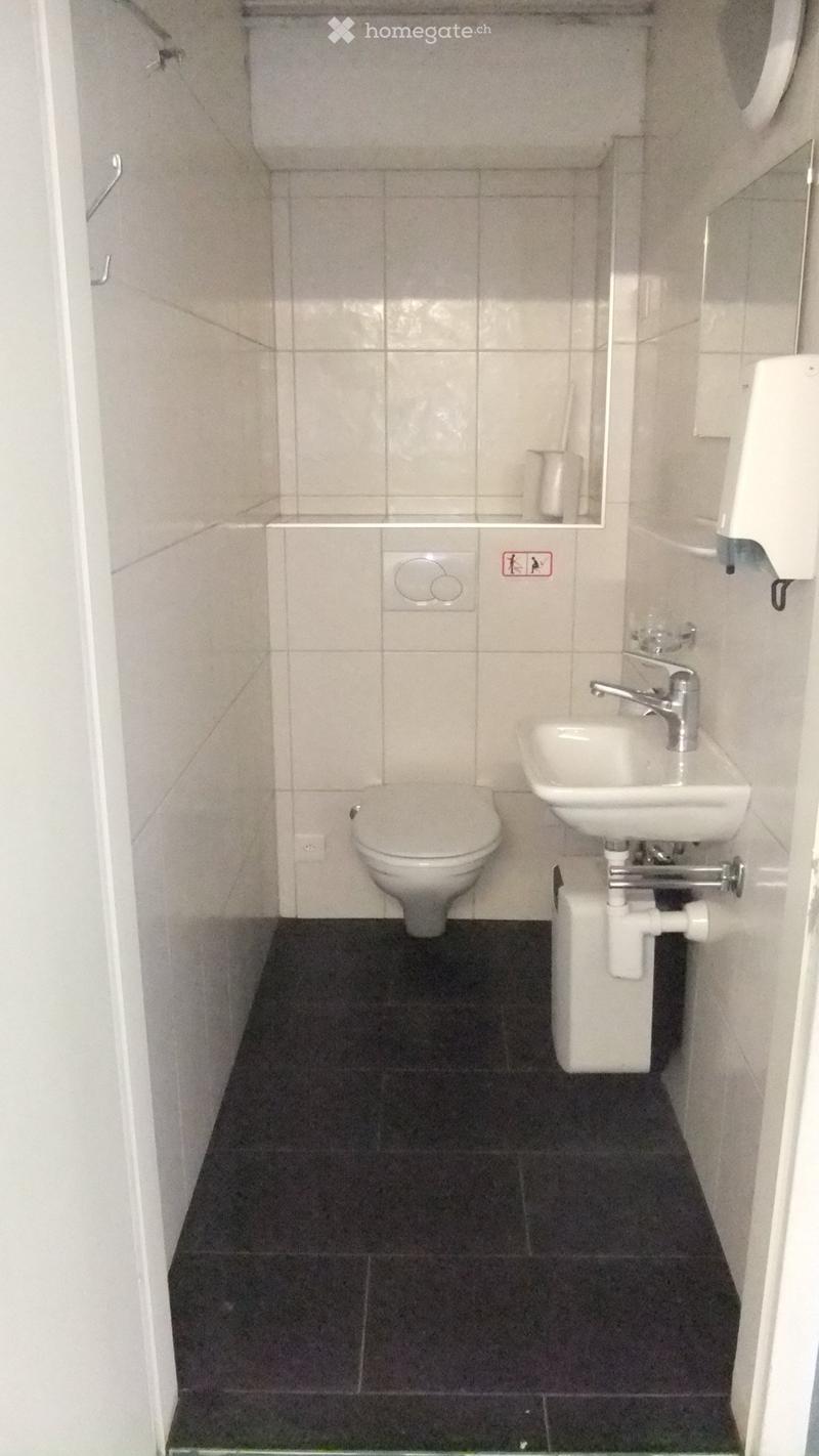 Compact bathroom with a toilet, sink, and shower area. Features white tiles, a dark tiled floor, and a small mirror above the sink.