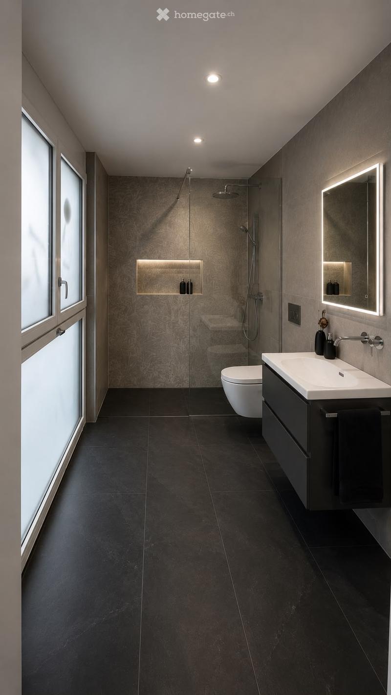 Modern bathroom with dark tiled floor, white sink, toilet, large mirror with LED lighting, and a glass-enclosed shower area with a built-in shelf.