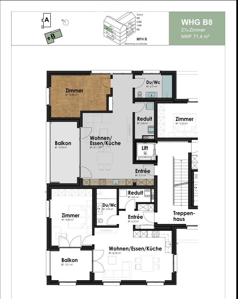 Floor plan of a 2.5-room apartment with two bedrooms, living/dining/kitchen area, two bathrooms, two balconies, and a staircase.