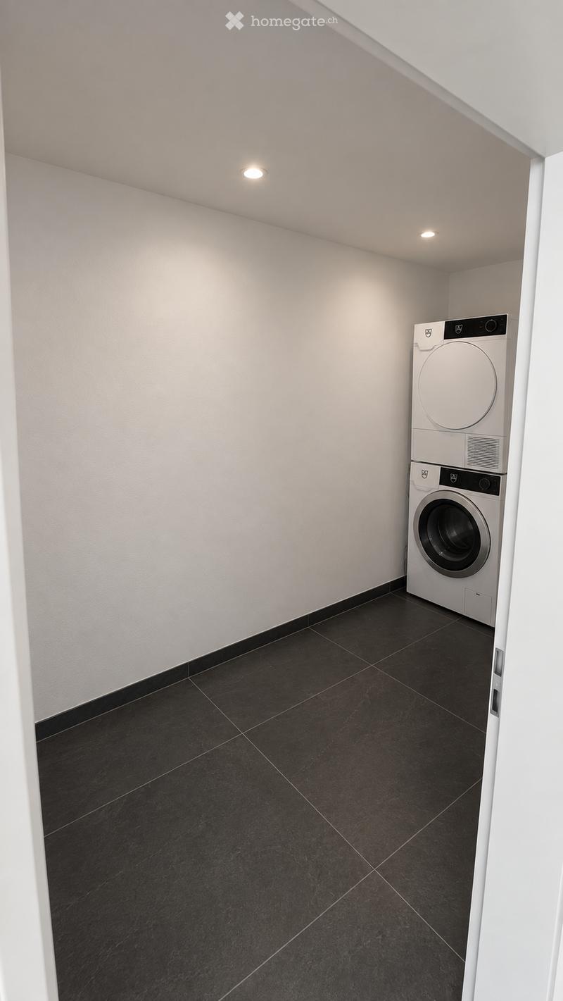 A small, modern laundry room with a black tiled floor, white walls, and a white washing machine positioned against the wall.