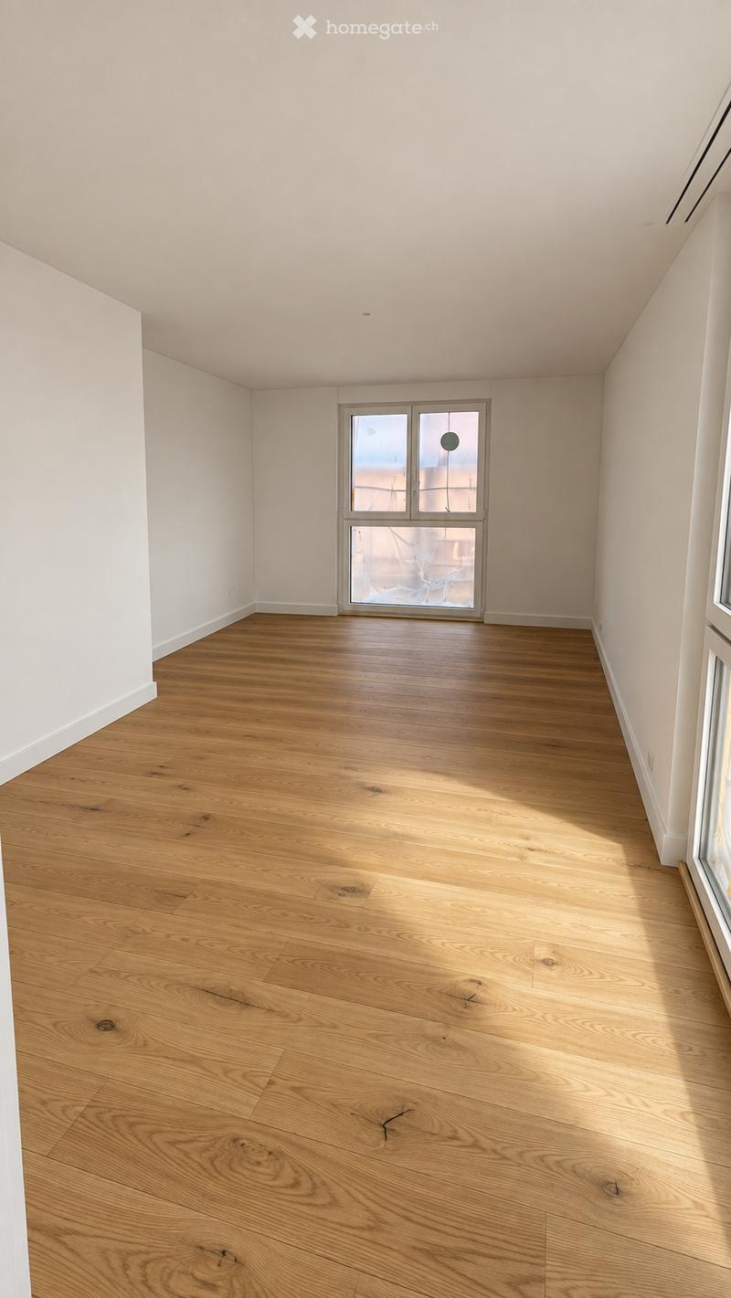 Empty room with light wooden flooring and white walls, featuring a large glass door with frosted panels leading outside.