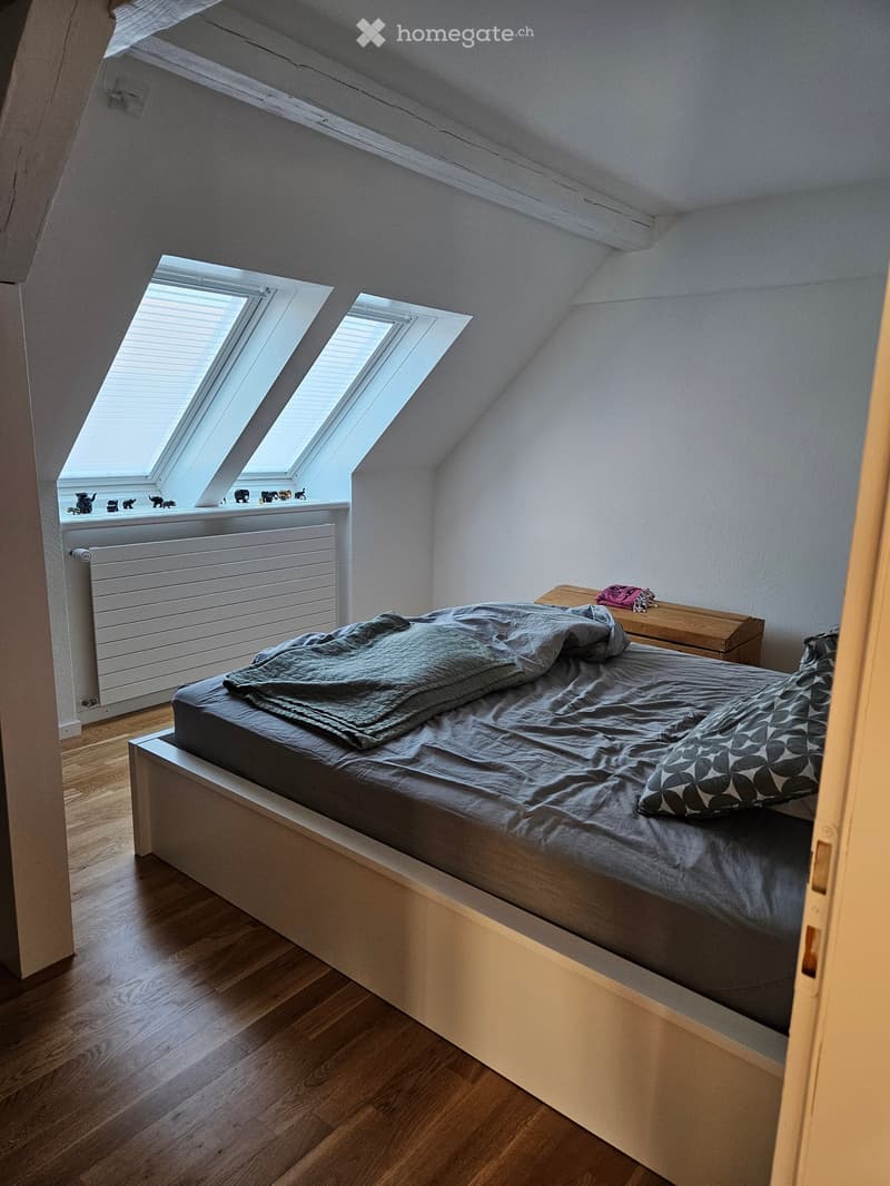 Cozy attic bedroom with wooden flooring, a single bed with grey bedding, a small wooden nightstand, and a radiator beneath a skylight window.