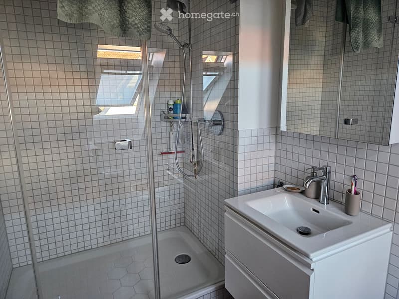Modern bathroom with a white tiled shower stall, a white sink with a chrome faucet, a large mirror, and a towel hanging on the wall.