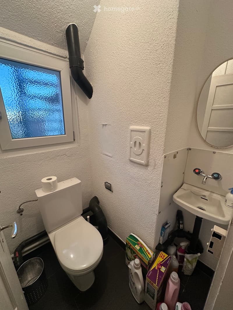 Compact bathroom with a toilet, sink, mirror, and various cleaning supplies stored under the sink.