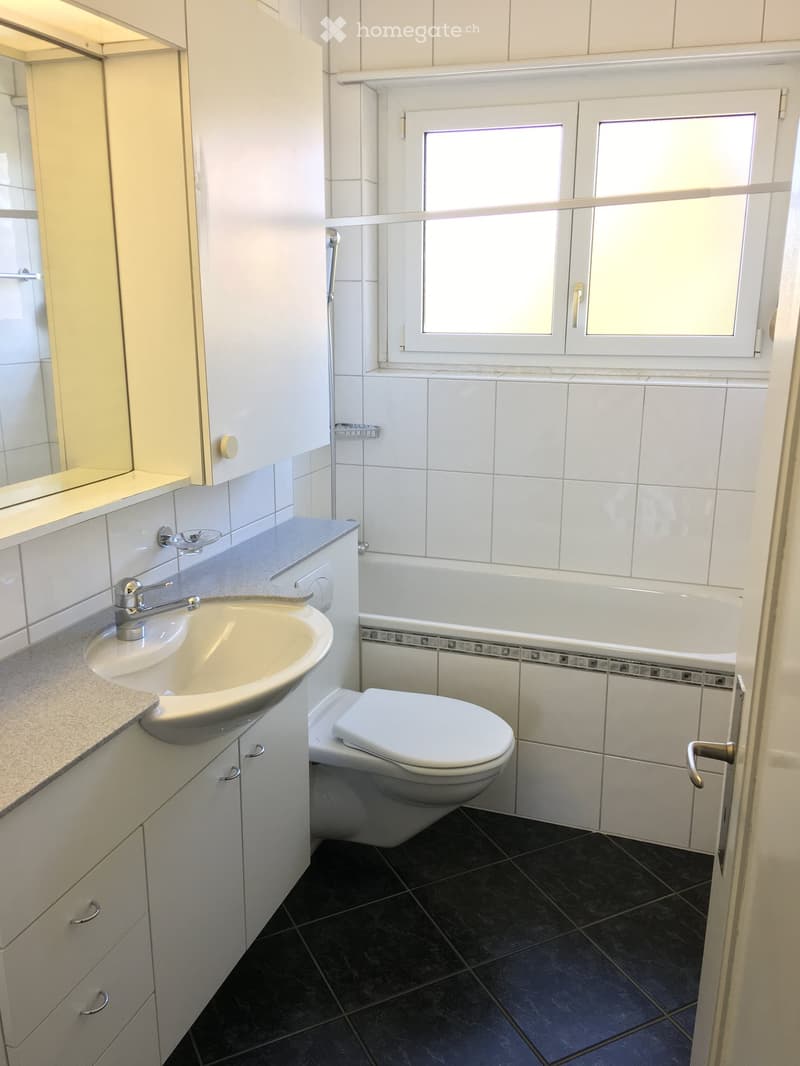 Modern bathroom with white tiles, a sink with a chrome faucet, a toilet, a bathtub, and a window with frosted glass panes.