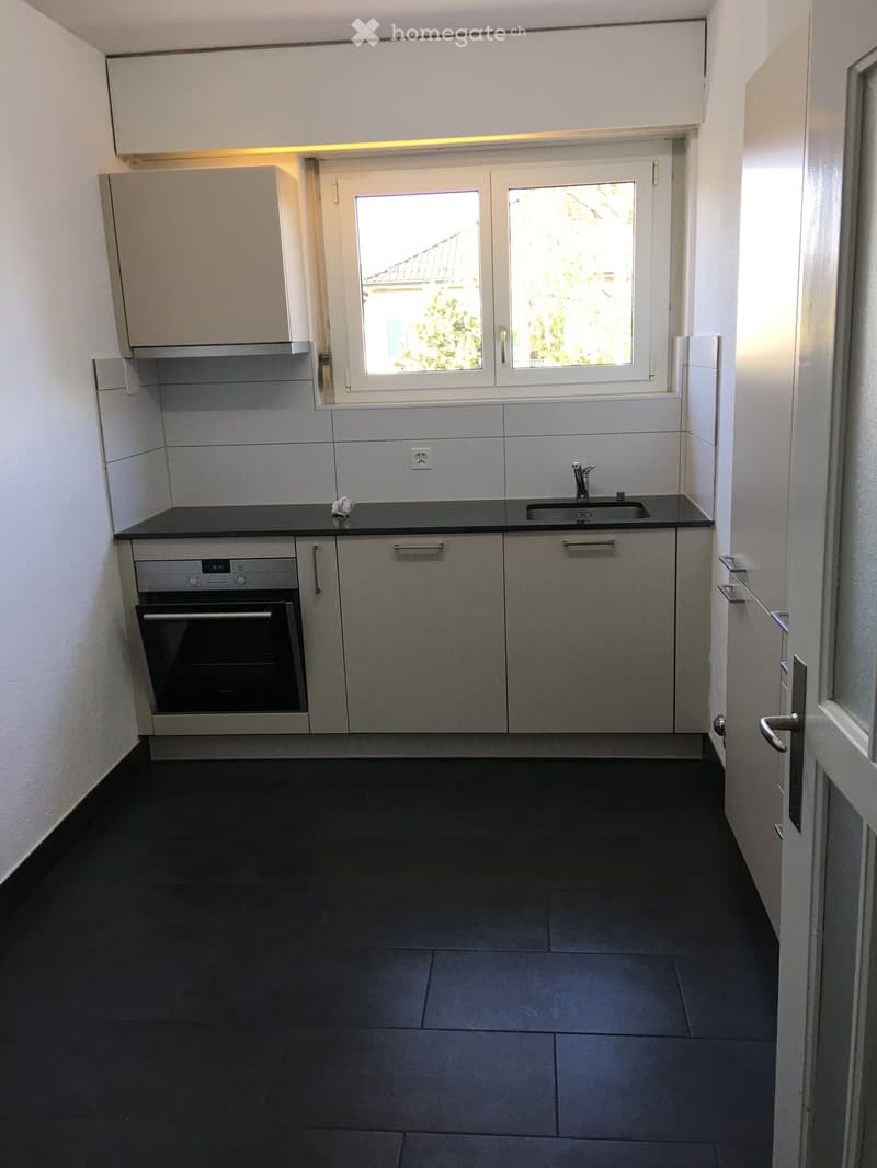 Modern kitchen with grey cabinets, black countertops, and a stainless steel oven. Features a window with a view of greenery outside.