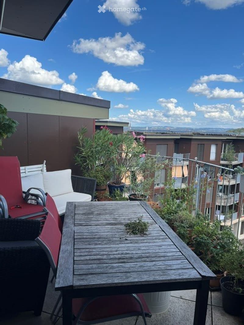Balcony with outdoor furniture, potted plants, and a view of the city and sky.