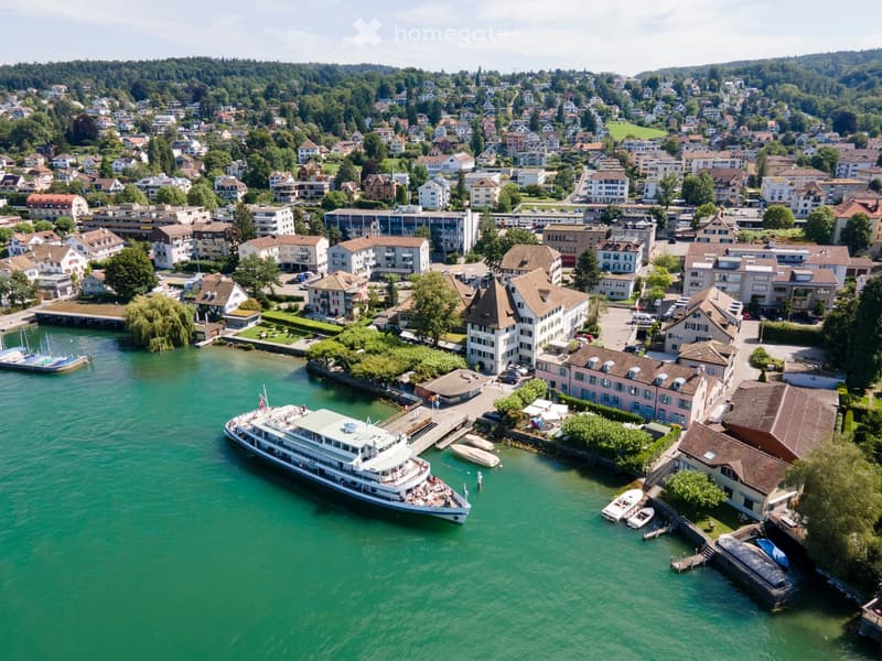 Aerial view of a town with numerous residential and commercial buildings, a waterfront with docked boats, and a large cruise ship, surrounded by greenery and hills.